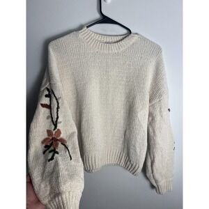 Alya Sweater S White Floral Embroidered Sleeve Chunky Knit Boho Cottage